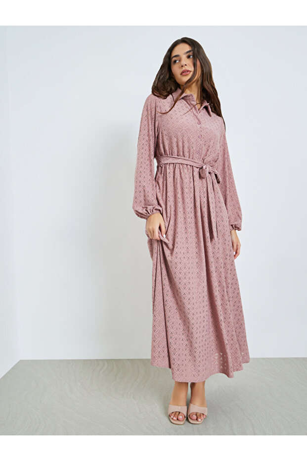 Pink Eyelet Shirt Maxi Dress with Tie-Blet