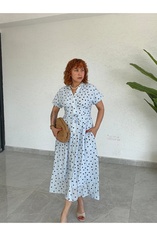 Premium Polka Dot Patterned Maxi Shirt Dress