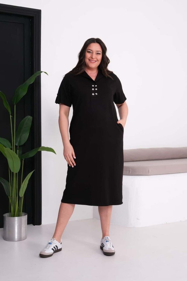 Women's Shirt Collar Snap Button Detailed Pocketed Black Stylish Dress