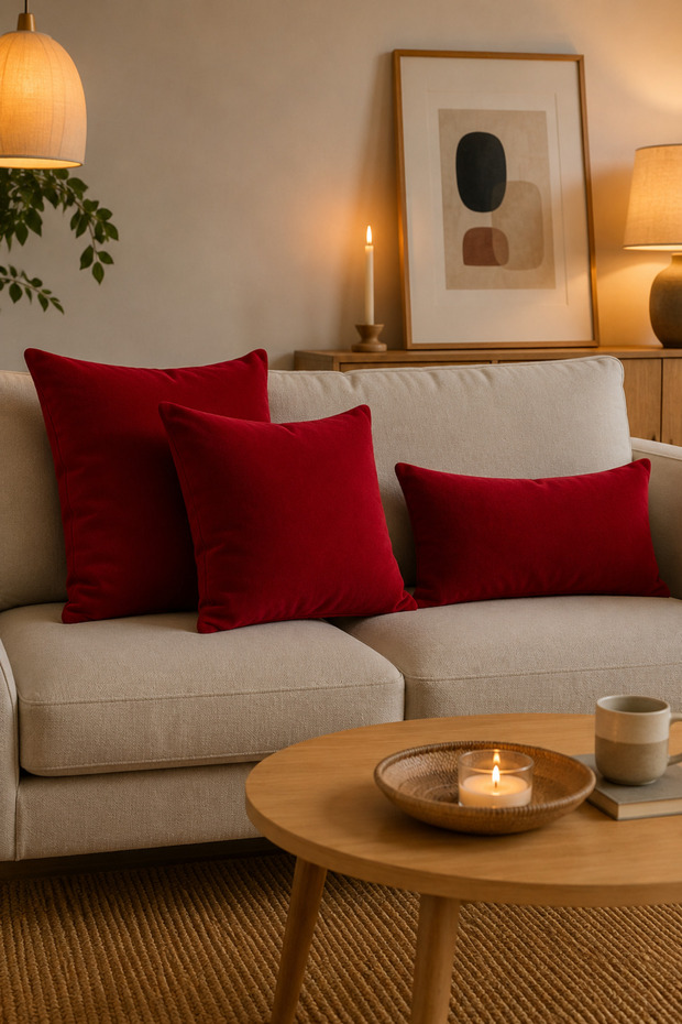 Red Velvet Textured Decorative Throw Pillow Cover - Zippered - 1 Piece