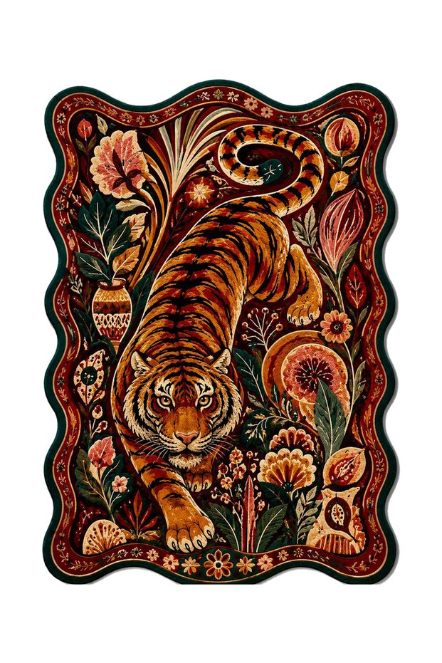 Sdt Exotic Tiger and Floral Pattern Tile-Tone Orange Woven Base Decorative Carpet Sdt1513