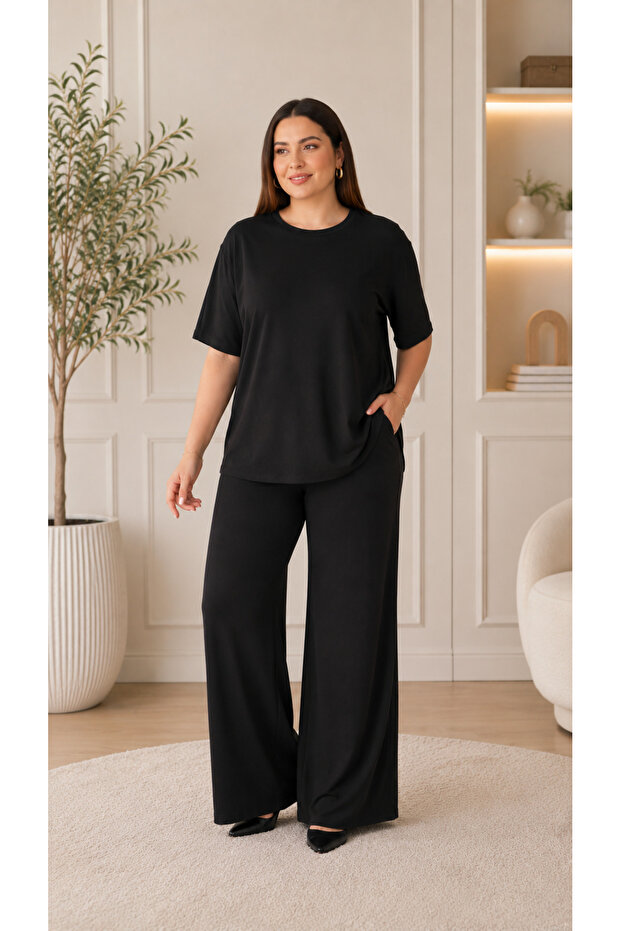 Women's Crew Neck Relaxed Fit Blouse Pants Two-Piece Set