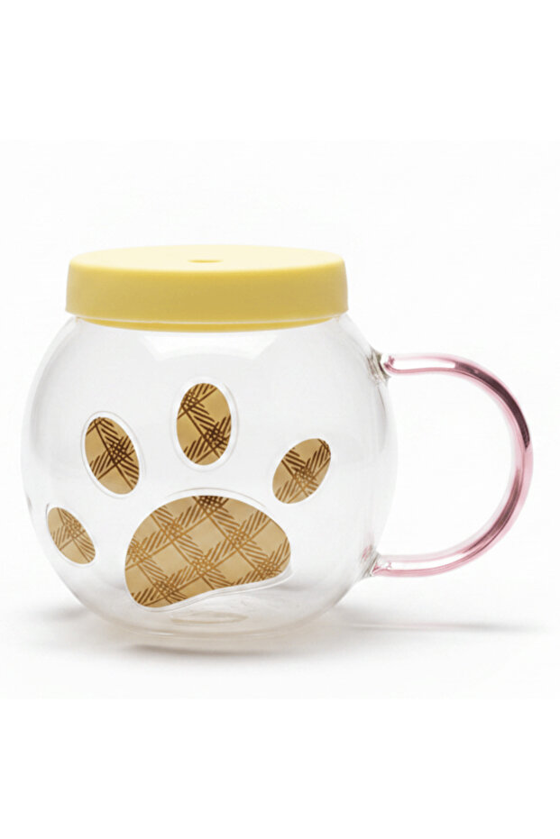 Borosilicate Glass Mug with Silicone Lid & Rose Handle | 300 ml | Golden Oval Print