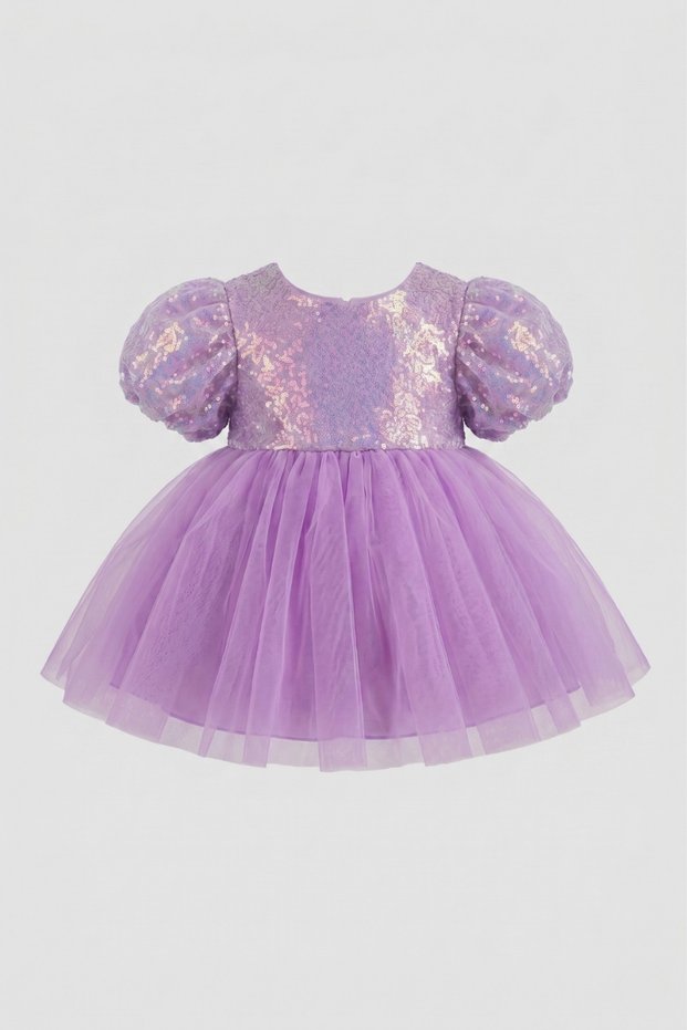 Lilac Bow Detailed Sequined Short Sleeve Baby Girl Dress - Amber