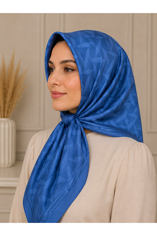 Madame Polo Light Blue Color Lara Houndstooth Patterned Cotton Soft Jacquard Scarf Alinda Series