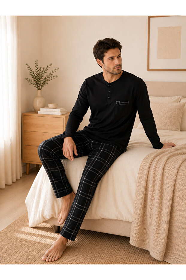 Premium Men's 100% Natural Cotton Plaid High Quality Buttoned Pocket Long Sleeve Pajama Set