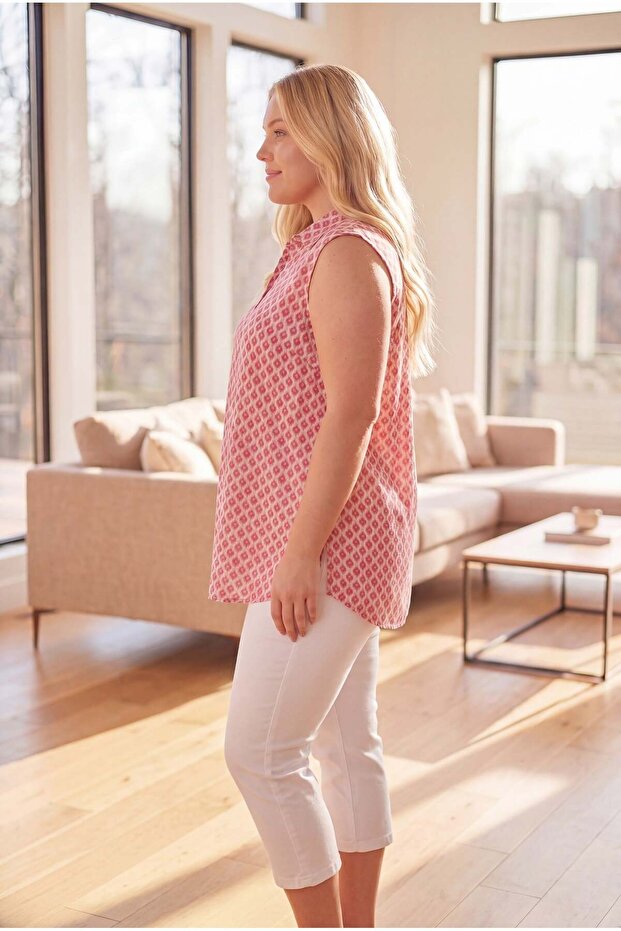 Zero Sleeve Patterned Plus Size Blouse Fuchsia - 2
