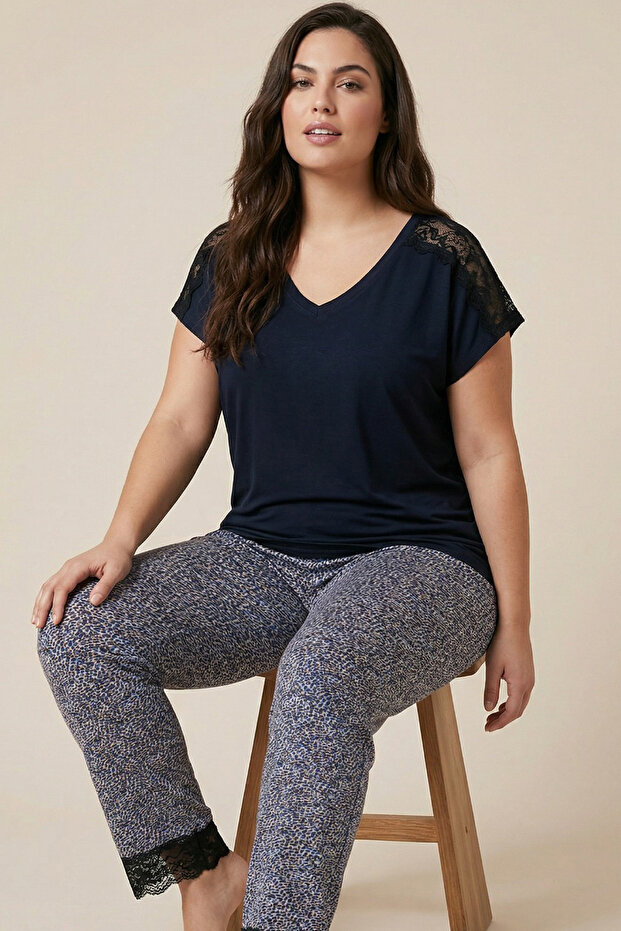 Navy Blue Patterned Large Size Oversized Viscose Knitted Pajama Set