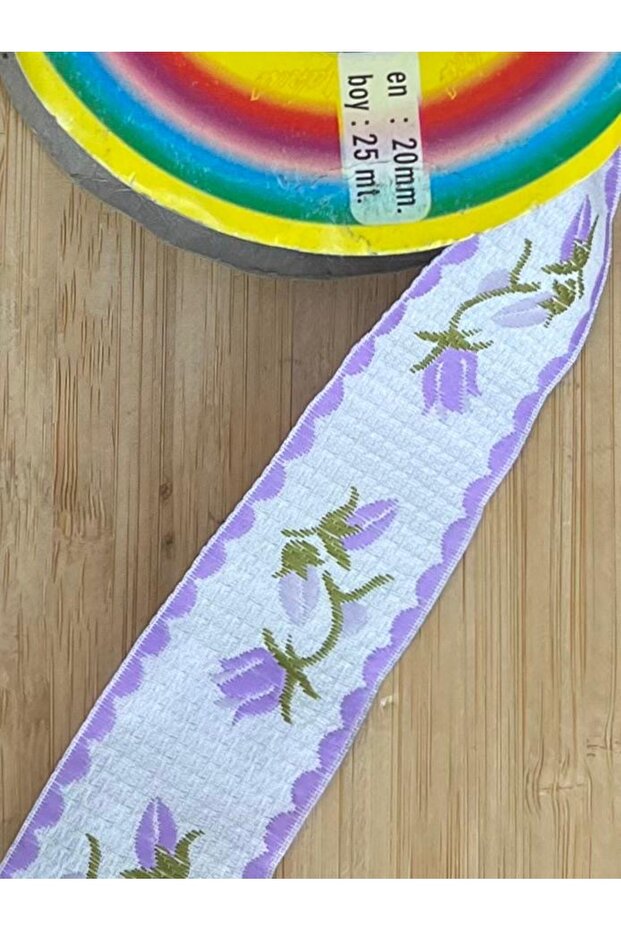 Decorative Ribbon with Lilac Flowers, Width: 3.2 Cm, Length: 25 Meters