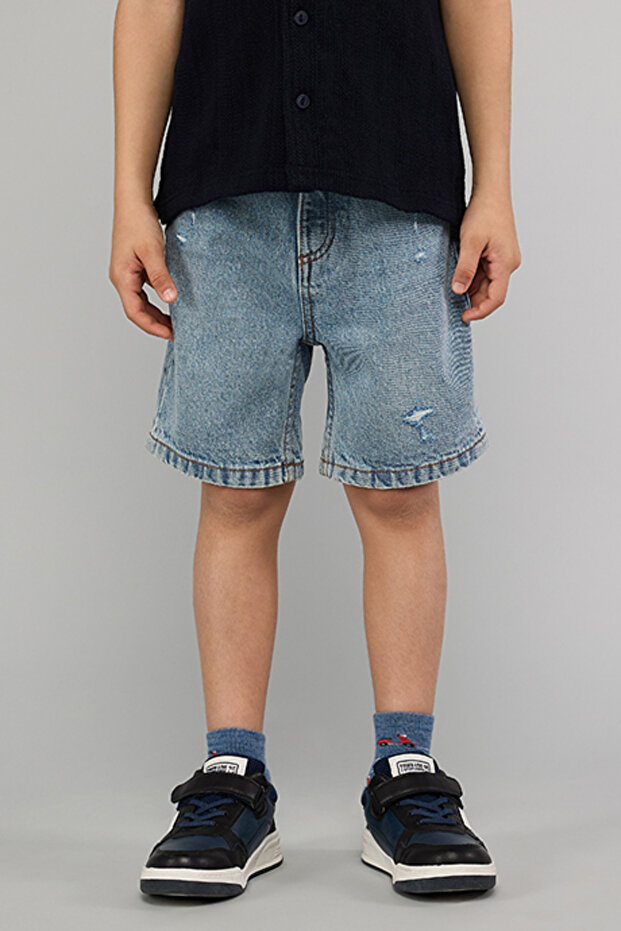 Washed Denim Shorts with Button Closure