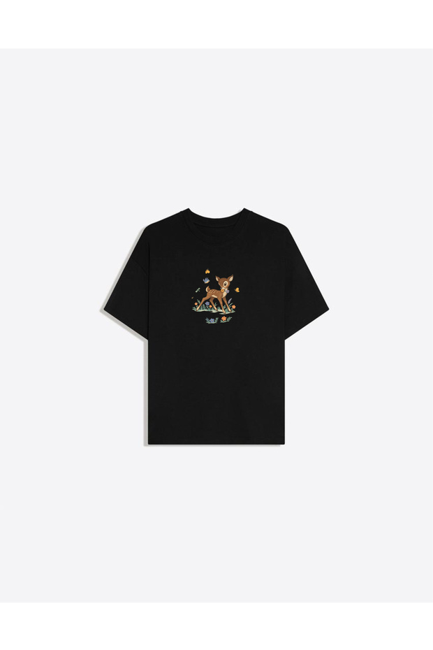 Little Deer Printed Crew Neck Oversize Trendy Women's T-Shirt