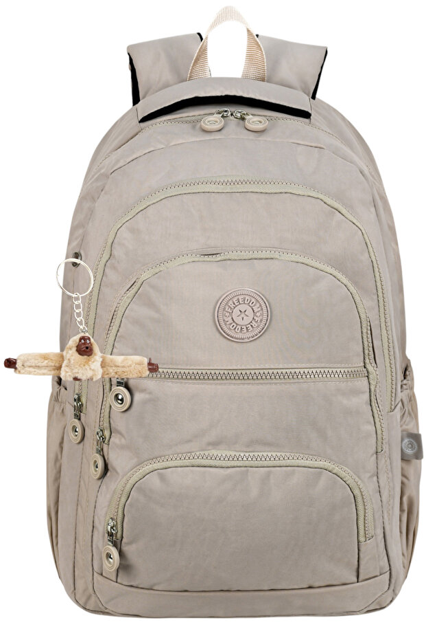 حقيبة ظهر من القماش المجعد TR5 باللون البيج للجنسين، حقيبة ظهر يومية مع سلسلة مفاتيح على شكل قرد، هدية