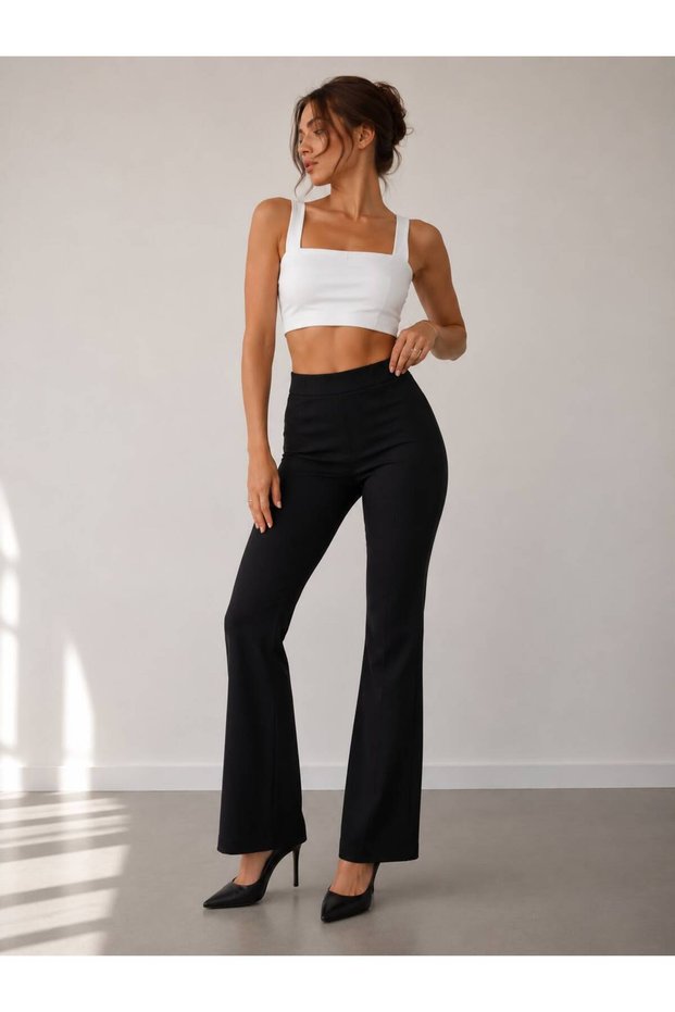 Women's Black Spanish Flare Fabric Leggings – High Waist, Stretchy and Stylish