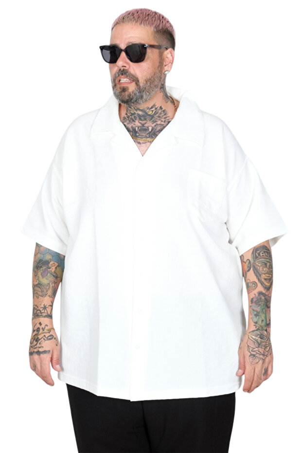 Mode XL Large Size Shirt with Lapel Collar and Long Sleeves U26385 Ecru