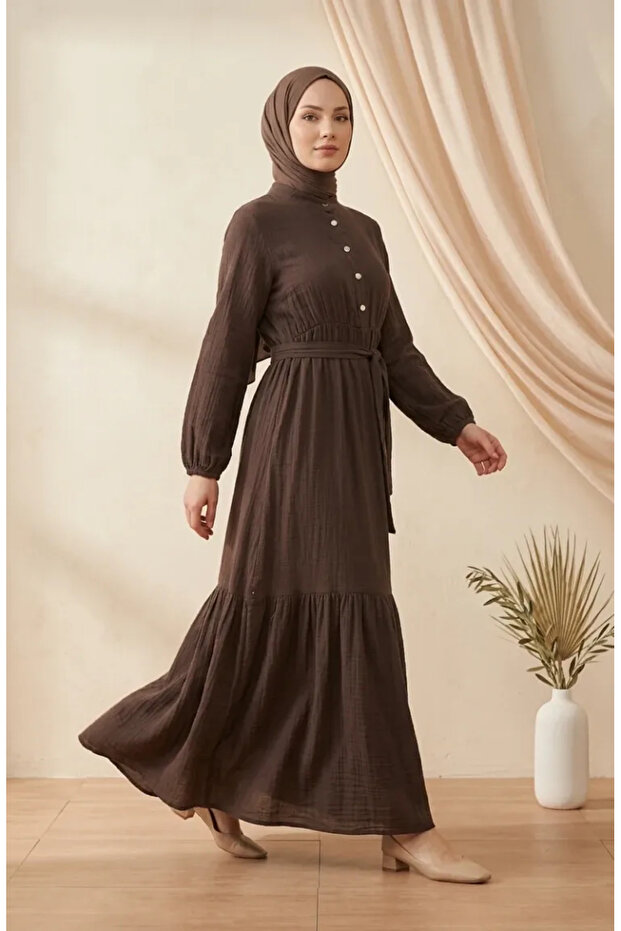 Hakim Collar Half Button Belted Dress 0302-05 Dark Brown