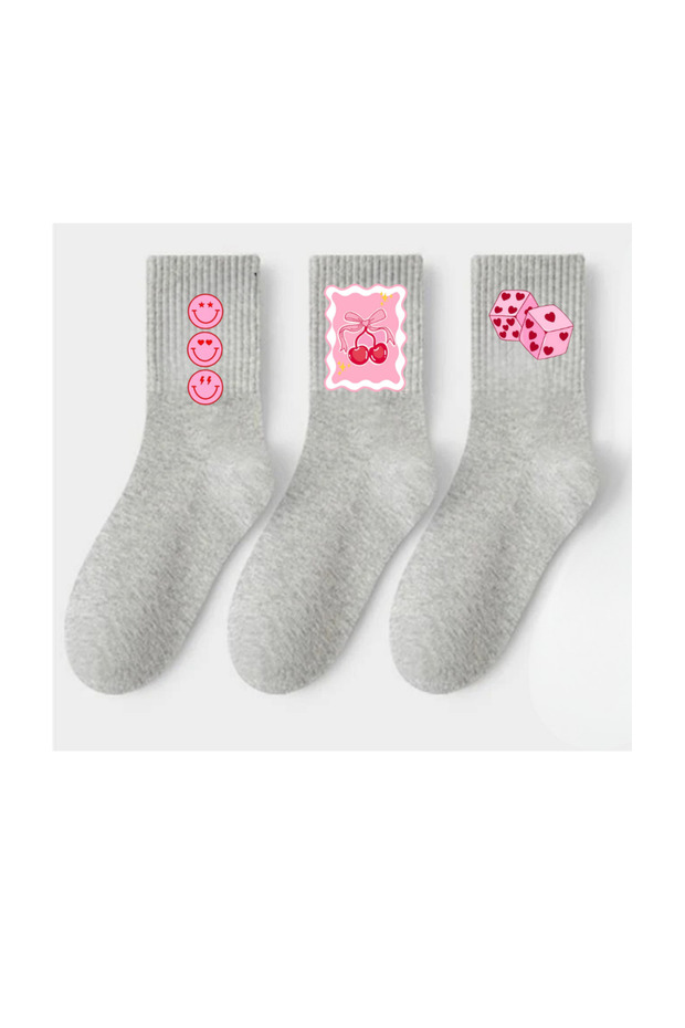 Flower - Zar - Daisy - Ribbon - Bow Smiling Face Printed Gray Socks