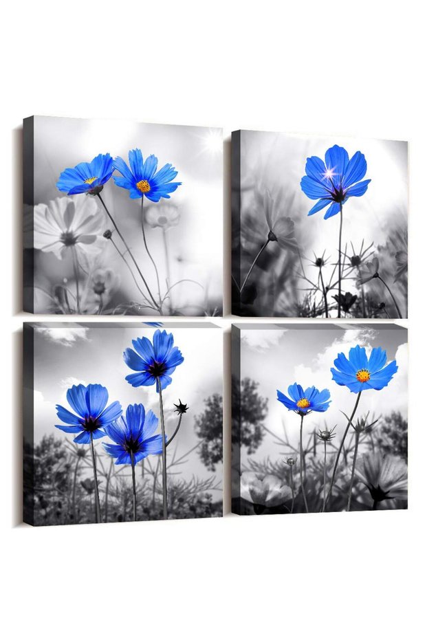 Alayra Canvas Wall Art for Kitchen Simple Life Black and White Landscape Cyan Blue Flowers