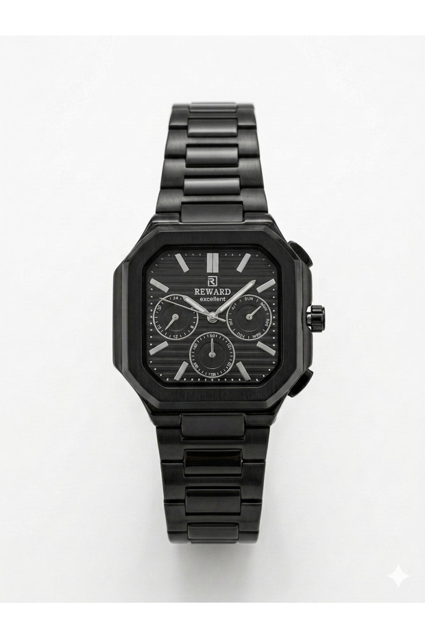 Men's Black Metal Cord Square Case Black Dial Functional Wristwatch 2 Years Warranty