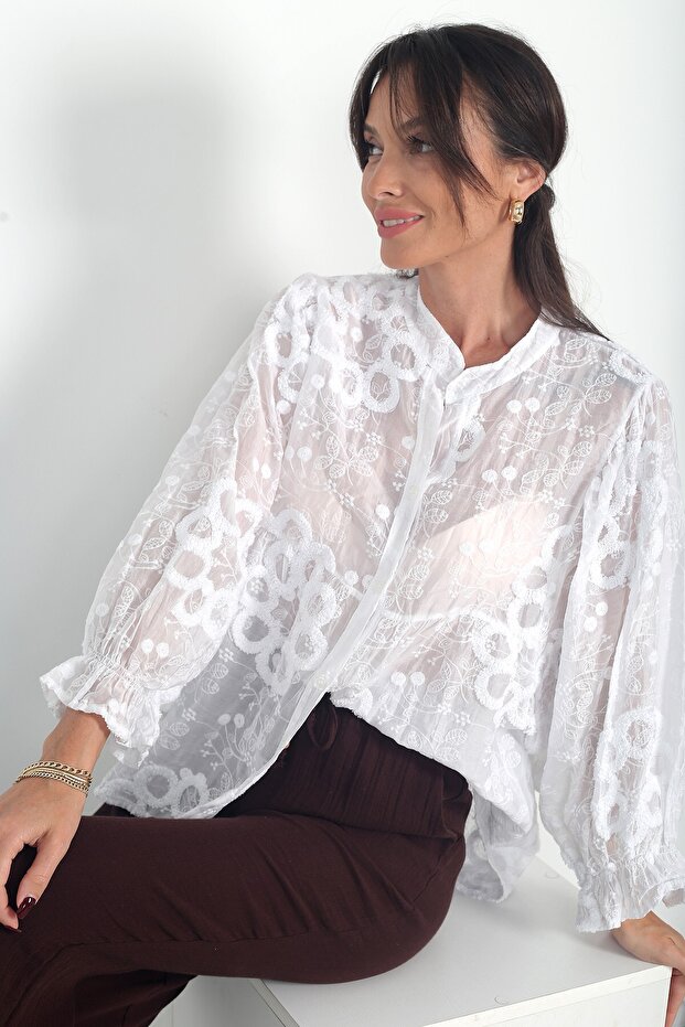 Women's Italian Brode Oversize Silk Shirt with Elasticated Sleeves