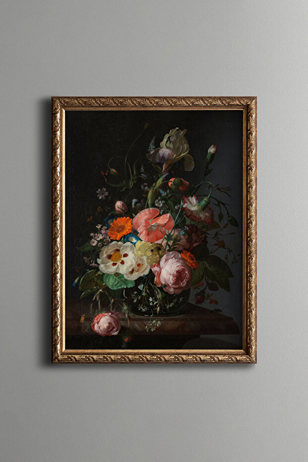 Roses and Poppies in Glass Vase - Vintage Patterned Frame - Slim Model