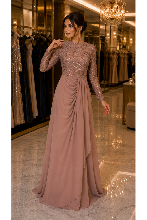 Stone Embellished Long Sleeve Maxi Length Evening Dress 7031