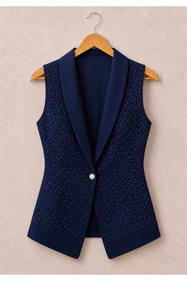 Women's Sleeveless Collared Stoned Open Front Atlas Vest