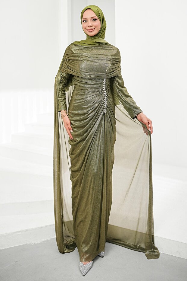 Khaki Cape Evening Dress with Drawstring Front and Stones