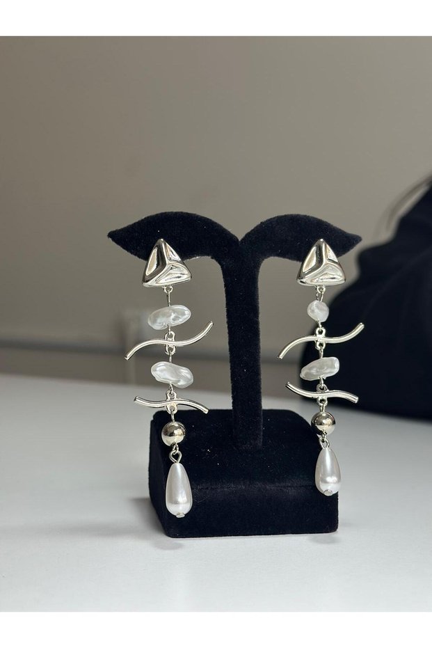 Modern Formed, Pearl Detailed, and Metallic Textured Silver Color Dangle Earrings