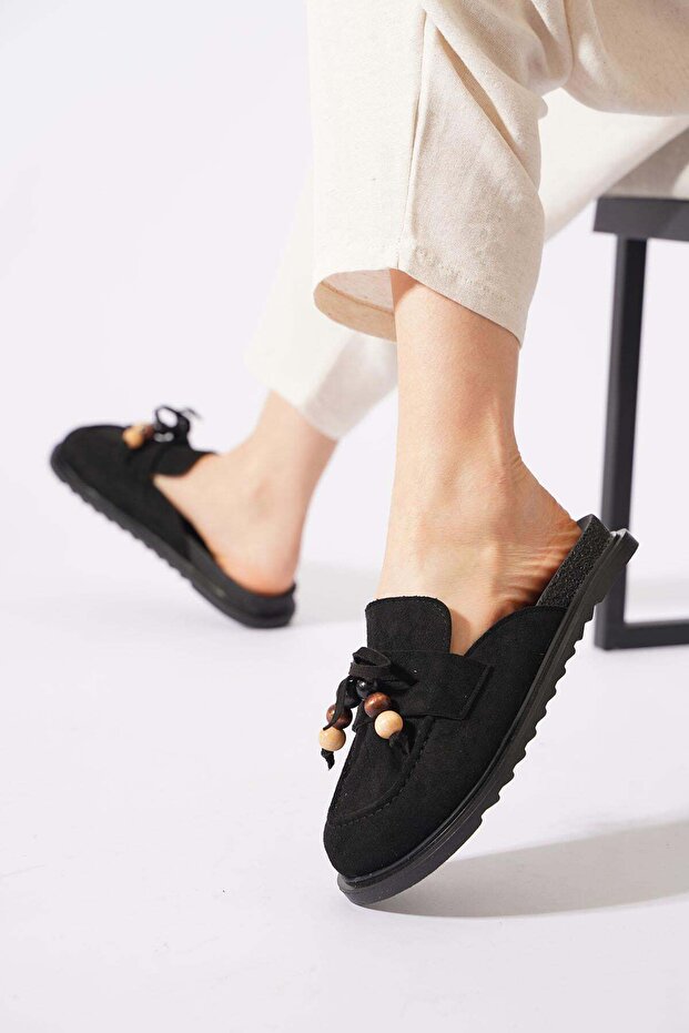 Lestan belted beaded detail women's slippers - black suede