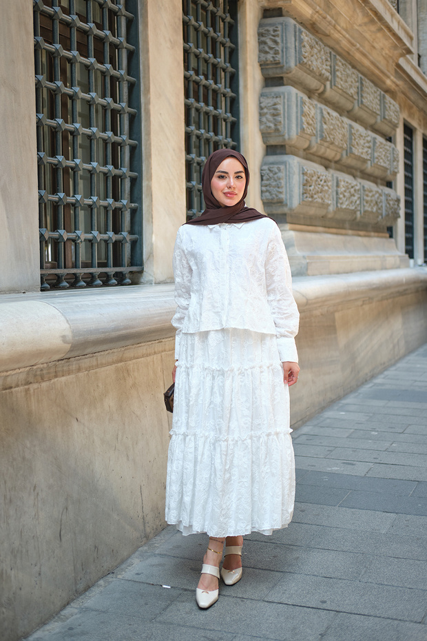 Women's Floral Embroidered Skirt Gathered Set White