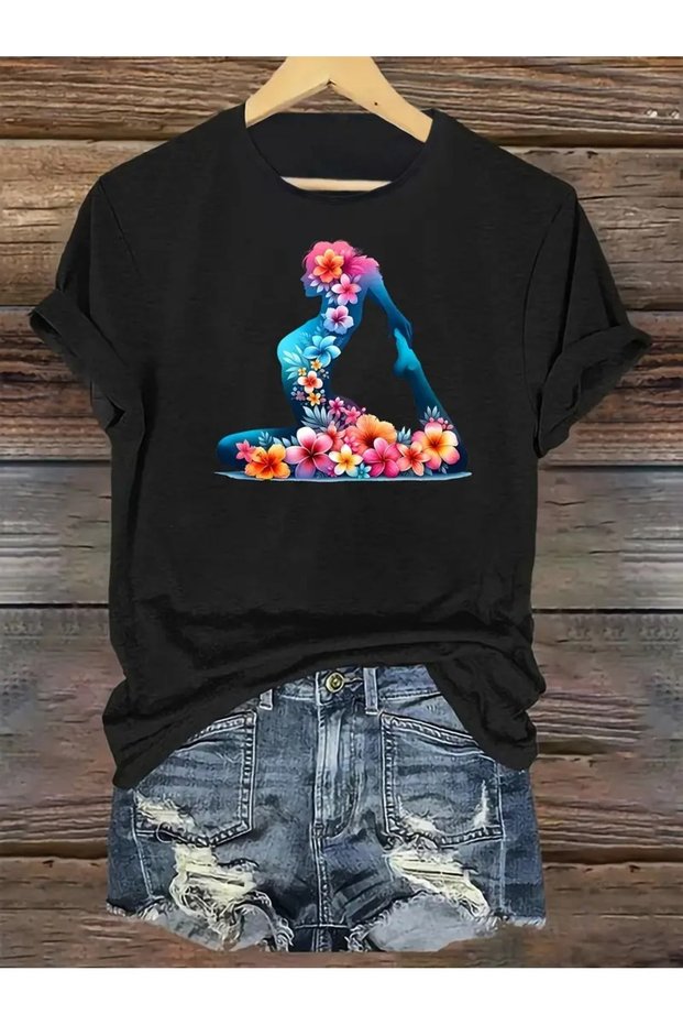 Women's Floral Yoga Design Printed T-Shirt Oversize Loose (1010)