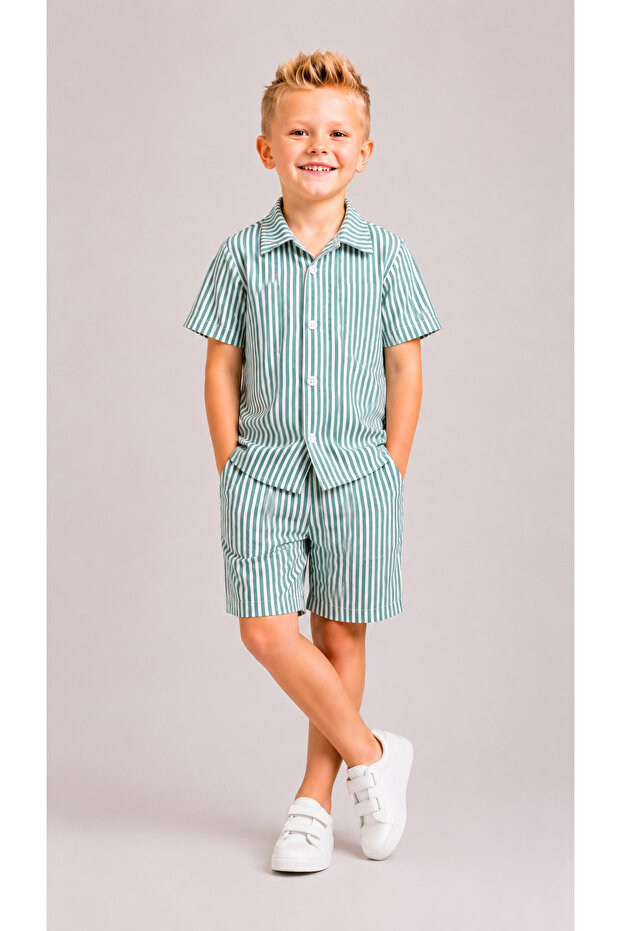 Boy's Striped Wrinkled Fabric Shirt Shorts Set Summer Two-Piece Set 4-9 Years Old I Boy's Set