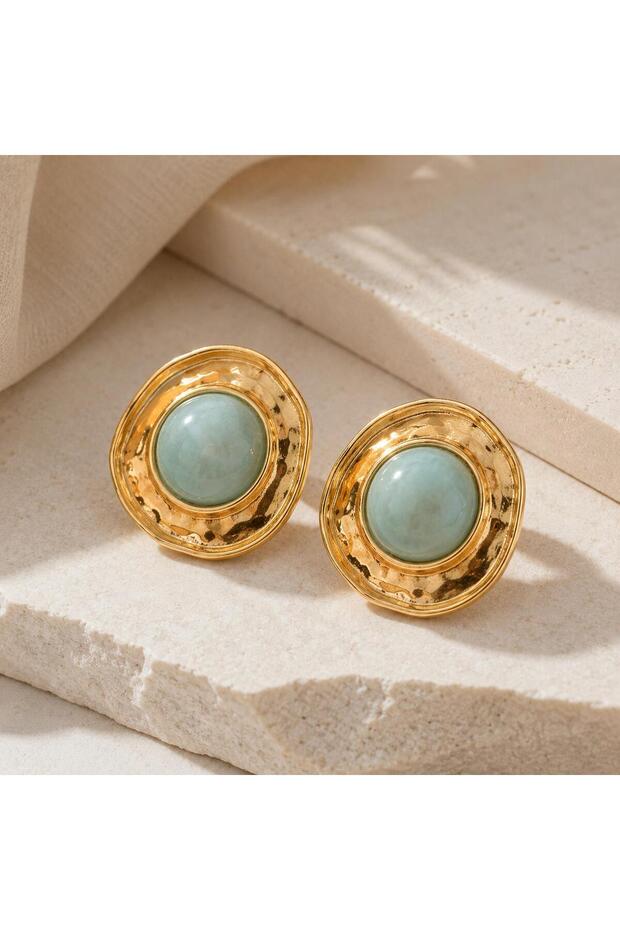 Gold Framed Water Green Stone Detailed Women's Earrings