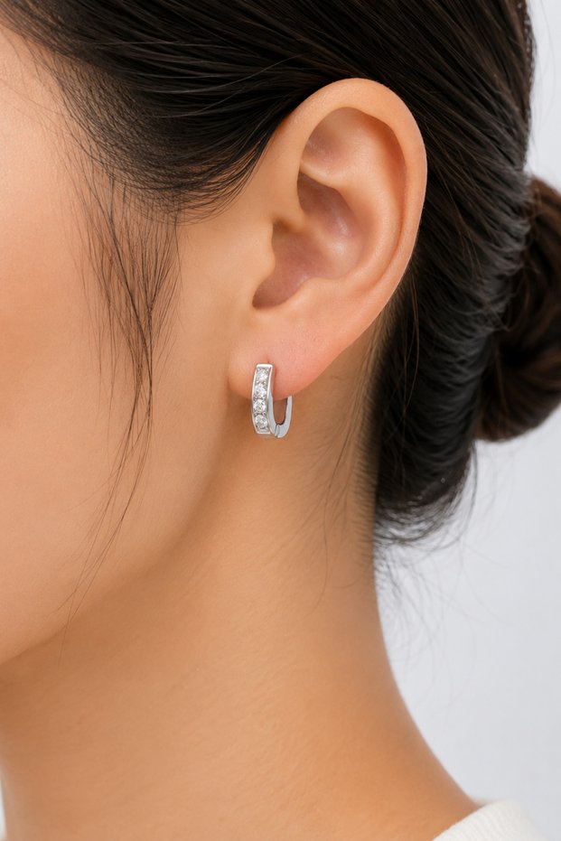 Women's Tarnish Resistant Steel Silver Color Zircon Stone Hoop Earrings 1060