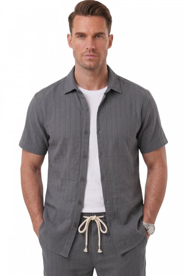 Smoked Slim Fit Striped Textured Linen Look Short Sleeve Men's Sports Shirt 2602648