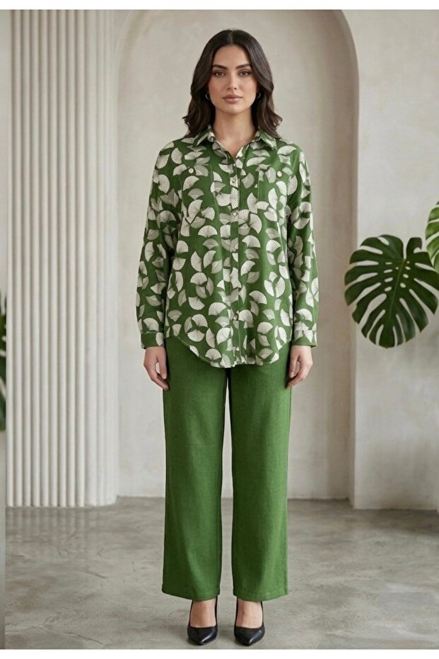Khaki Patterned Shirt and Solid Trousers Two-Piece Set