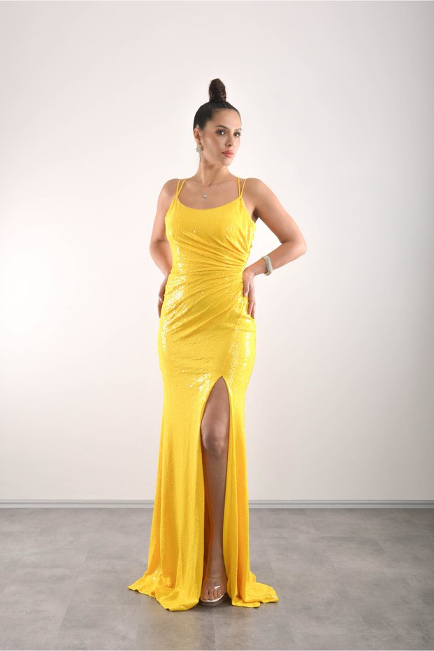 Rope Straps, Crossed Back, Slit Sequin Evening Dress, Stylish, Event Dress