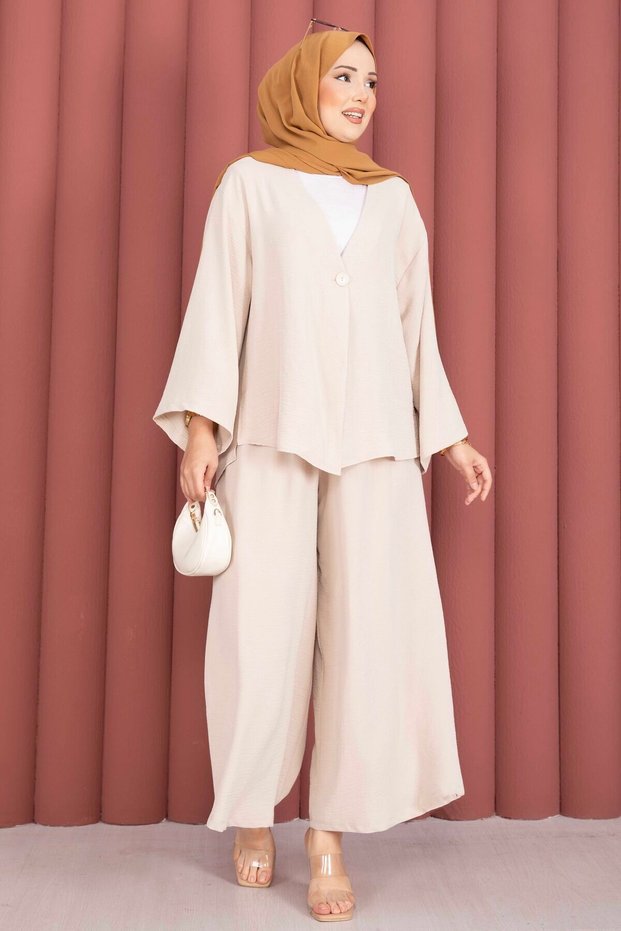 Kimonolu Casual Fit Summer Hijab Suit Beige