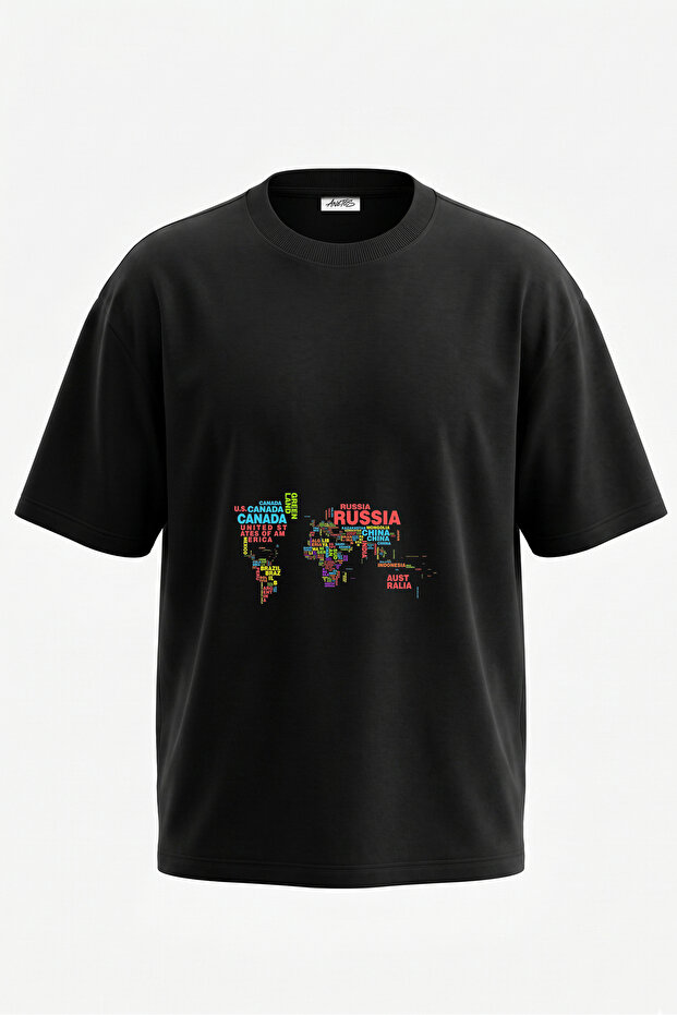 World Map Design Back Printed Cotton Black Oversize T-Shirt