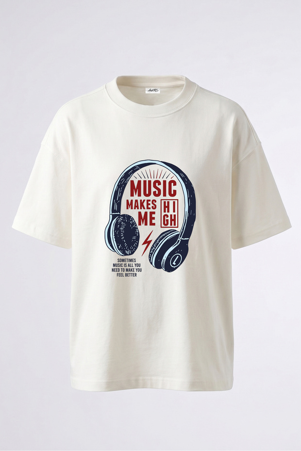 Music Headphones Design Back Printed Cotton White Oversize T-Shirt