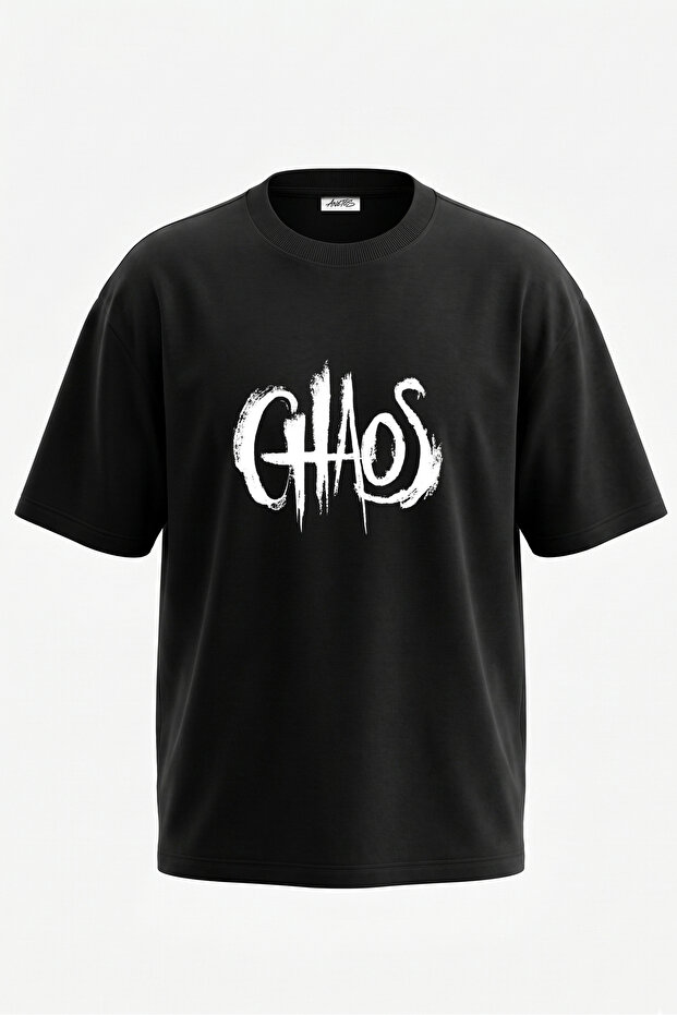 Chaos Grunge Design Back Printed Cotton Black Oversize T-Shirt