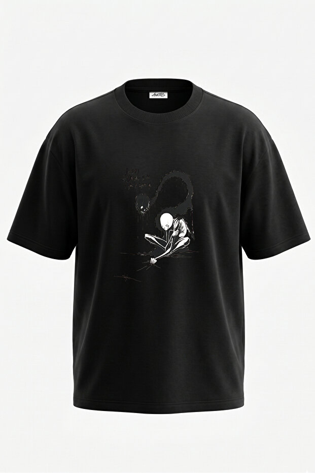 Gothic Figure Skull Design Back Printed Cotton Black Oversize T-Shirt