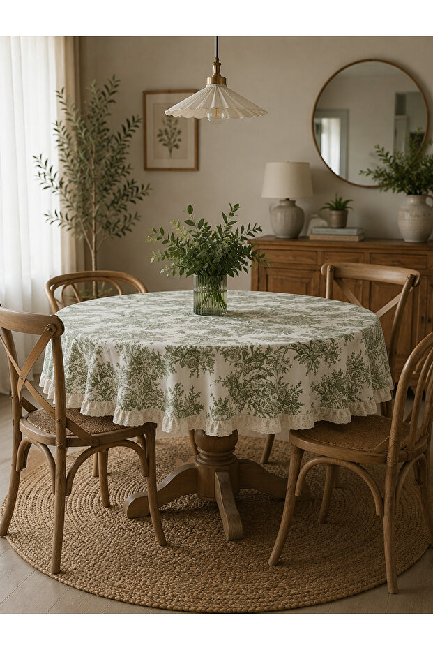 مفرش طاولة دائري بنمط بريطاني مزين بكشكشة (140 × 140 سم)