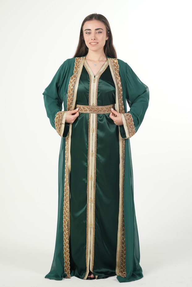 Moroccan embroidered satin kaftan dress with a waist belt