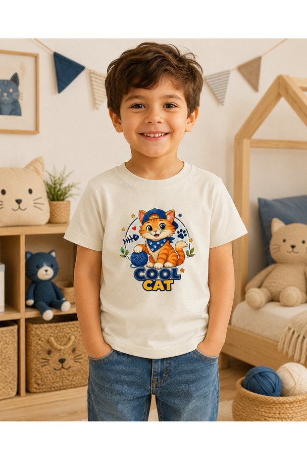 Children's Cute Cat Printed Short Sleeve Crew Neck T-Shirt