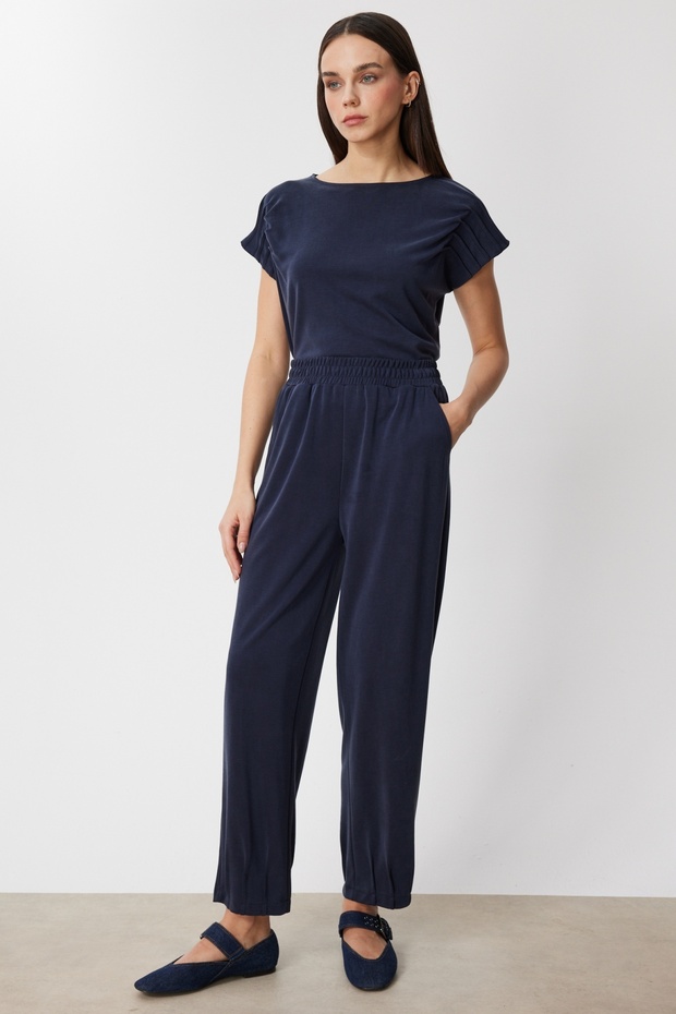 Women's Pleated Wide Leg Pants 76328 Navy Blue
