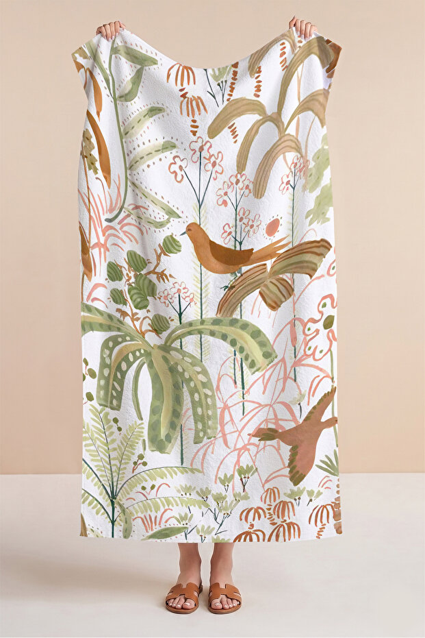 Tropical Botanical Bird Figured Beach Towel - Bohemian Pastel Nature Themed Quick-Dry Microfiber Towel
