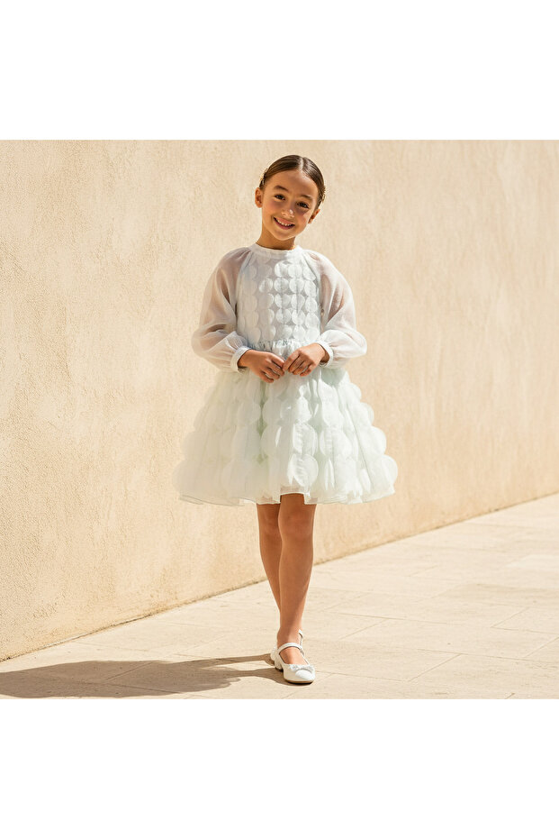 Mandarin Neck Long Sleeves Dress with Circle Applique