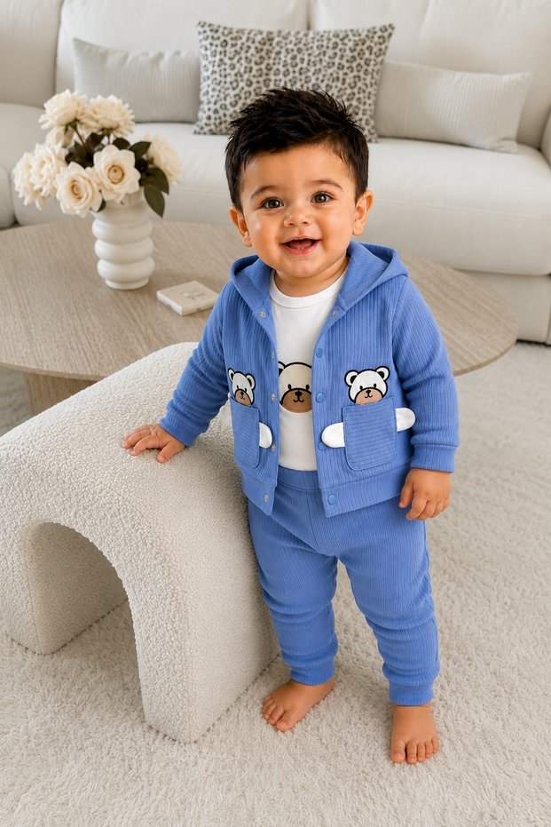 Baby Boy Set - Children's Set - Hooded Teddy Bear Detailed Ribbed Look Top and Bottom Set