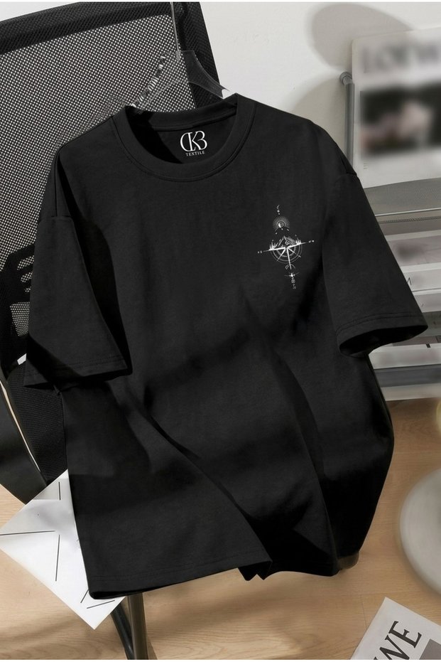Unisex Oversized Printed Cotton Crew Neck Short Sleeve BLACK T-shirt
